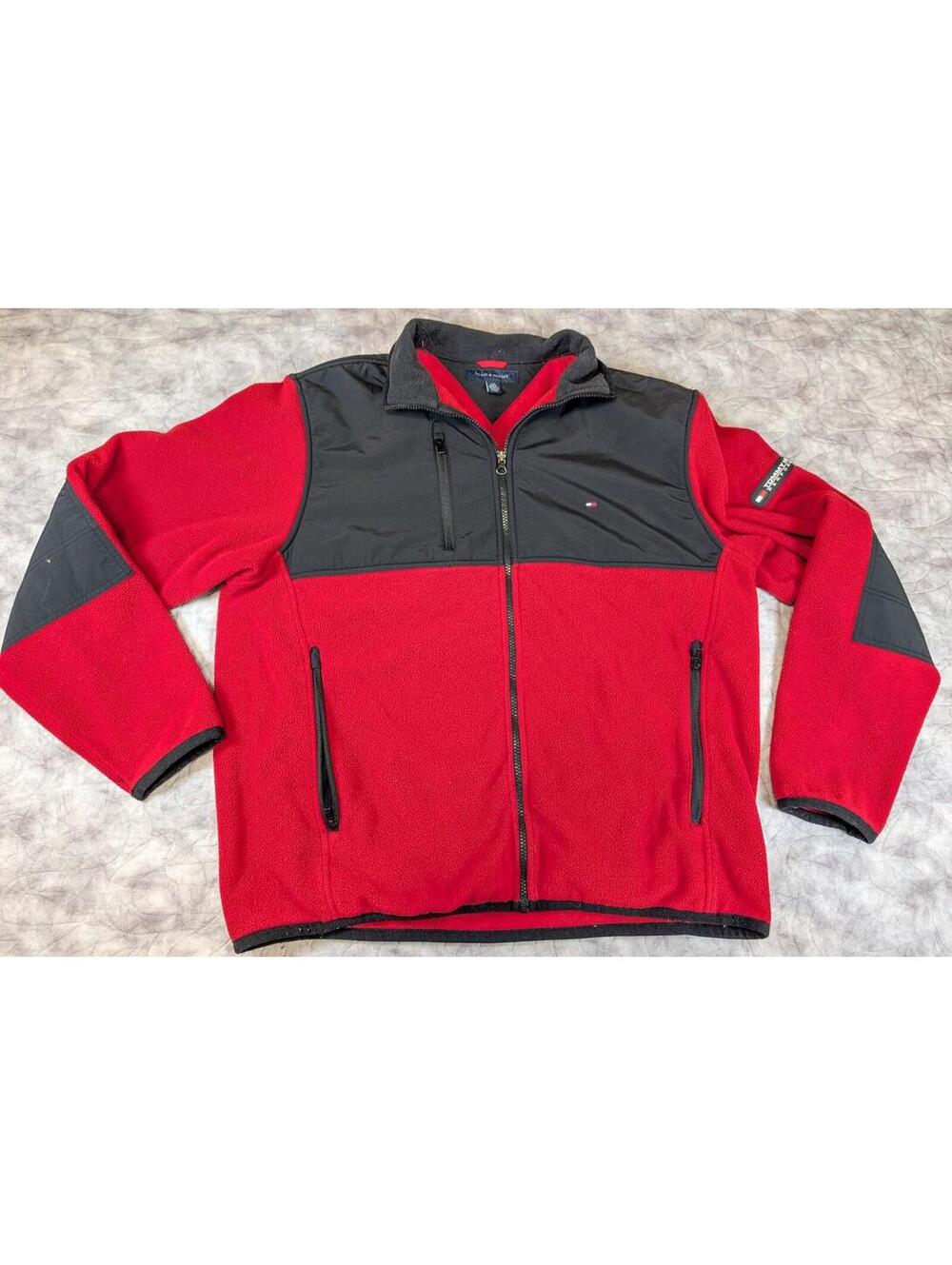 Vintatge Tommy Hilfiger Performance Fleece Jacket Red Black Full Zip Large VTG